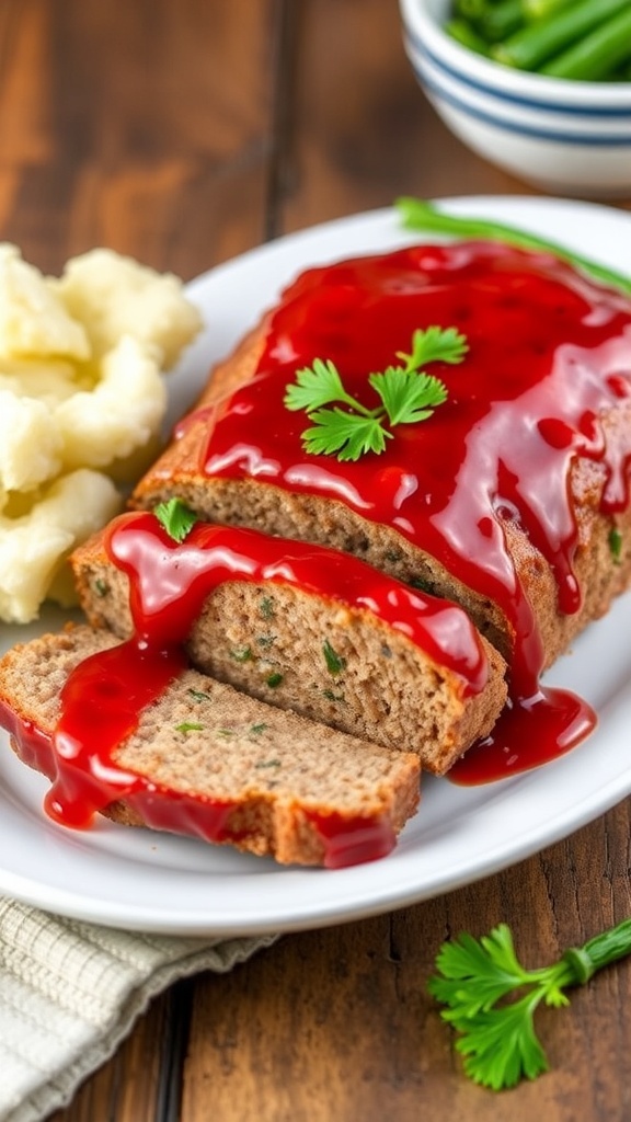 Classic Meatloaf Recipe Sliced meatloaf with ketchup glaze on a plate, served with mashed potatoes and green beans.